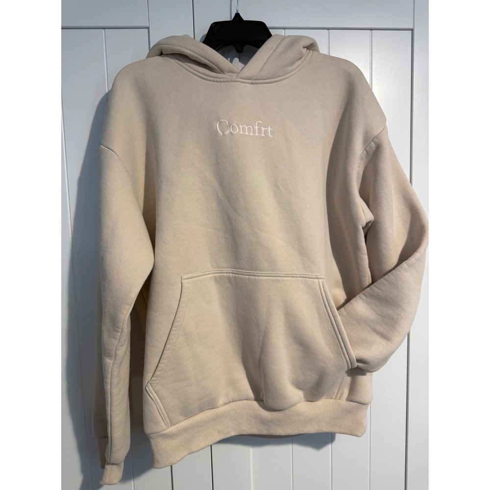 Comfrt Signature Hoodie Cream Sand Beige Embroidered Logo Fleece Sweatshirt Med